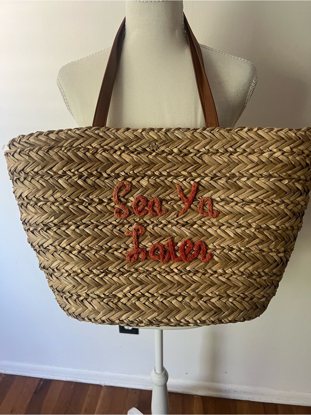 Capelli of New York Natural Straw Tote with Orange 'Sea Ya Later' Embroidery.